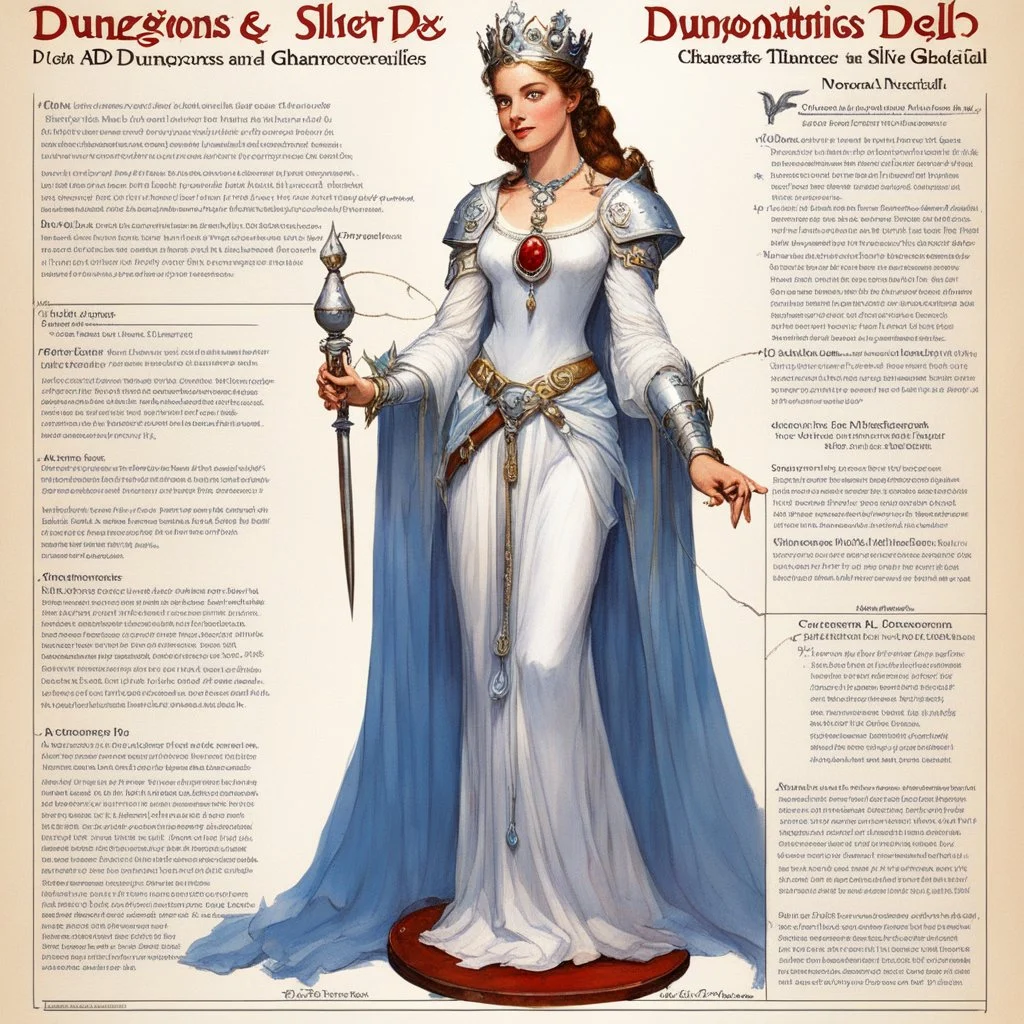 character concept sheet with AD&D statistics and characteristics, [illustration by Norman Rockwell for dungeons and dragons module B3] Silver Princess, youthful Madonna. Her special skills are: awakening, glimmer of anticipation, Moon stirs, magic objects: her silver nightgown like a shimmering waterfall, a large ruby pendant