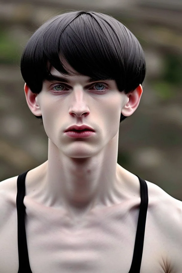 pale skin tone, black hair in a longish bowl cut with whisps in front of his ears, face is thin with high cheekbones and deep blue eyes that are often full of emotion and full lips. lean build that suggests he doesn't engage in a lot of physical activity. He is of average attractiveness with a boyish face.