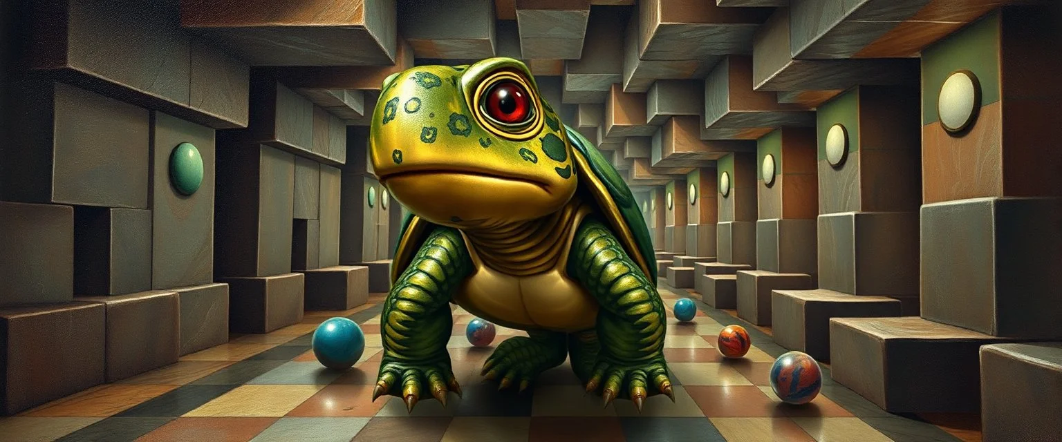 master oil painting by Rembrandt, marble madness turtle character portrait, a living bowling marble halls with slightly tilted floor in a twisted block maze, scenery from the game "marble madness", crystal birds