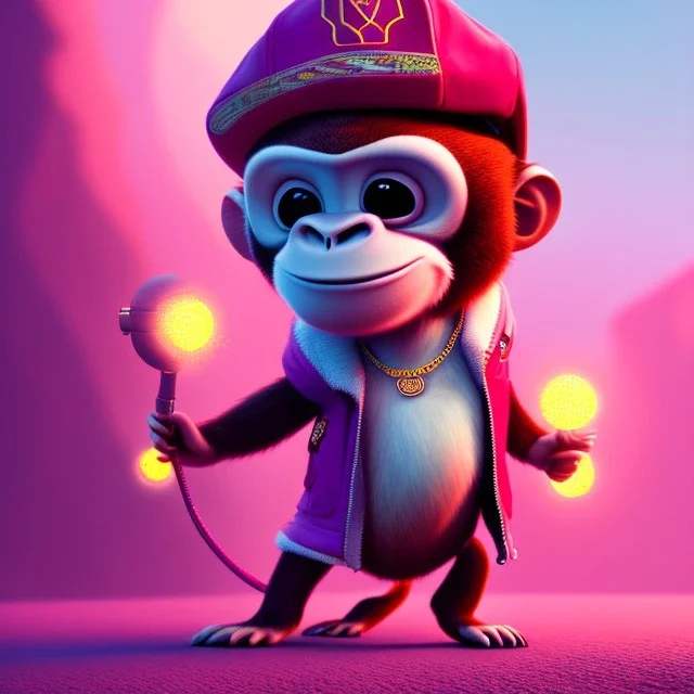 pixar style anamorphic cute monkey baby, smiling, gangsta gold neckless, full body, magenta puffer jacket, manila city backdrop, dramatic lighting, hyper-realistic, unreal engine 5, 16k. full detailed, wearing hat