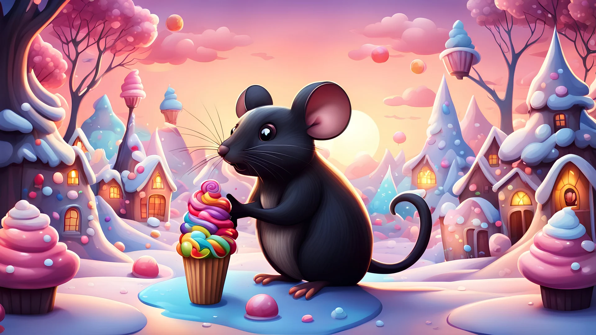 Big black mouse in snowy candy forest, ice cream, houses with lights, candy mountains and beautiful sunset. Style cartoon