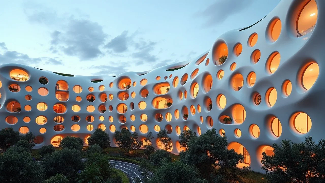 A futuristic residential complex designed with smooth, flowing curves inspired by natural forms. The buildings are constructed from innovative, translucent materials that allow for ample natural light and feature numerous round windows arranged in organic patterns. Award-winning photograph, beautiful composition, exquisite detail and illumination