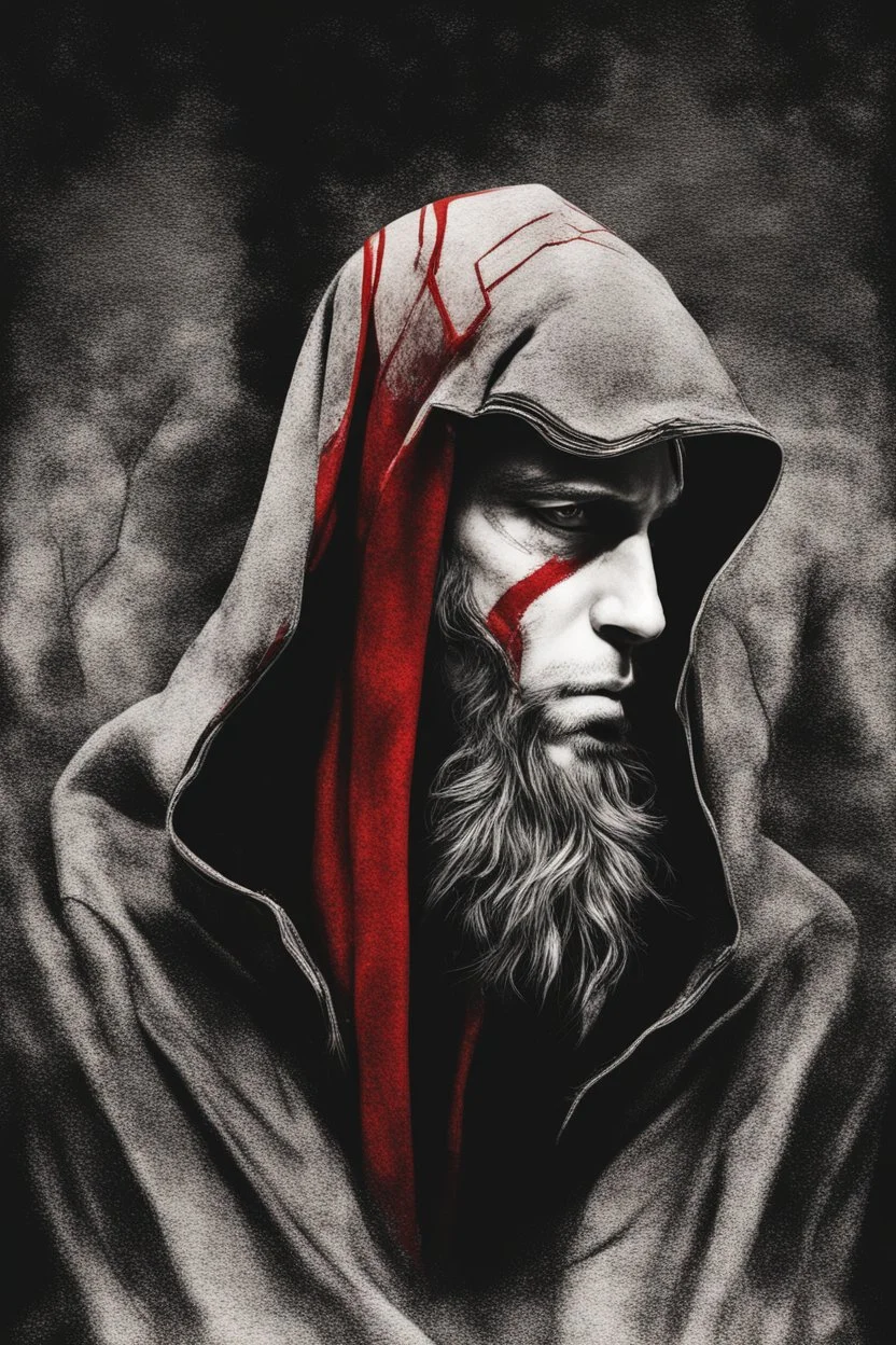 man wearing red scarf and hood dark fantasy
