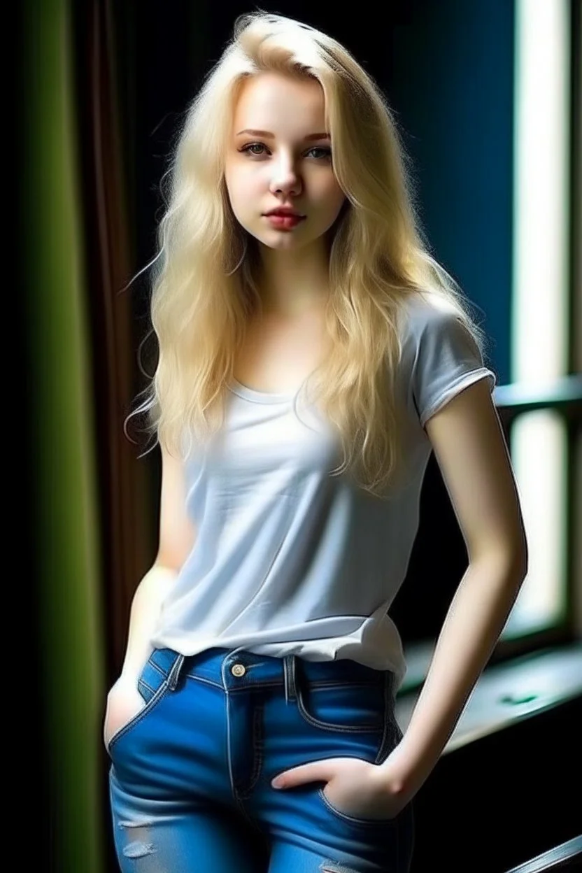 pretty girl, aged 18, blonde, conventionally attractive, dreamy, full body, jeans, tight top