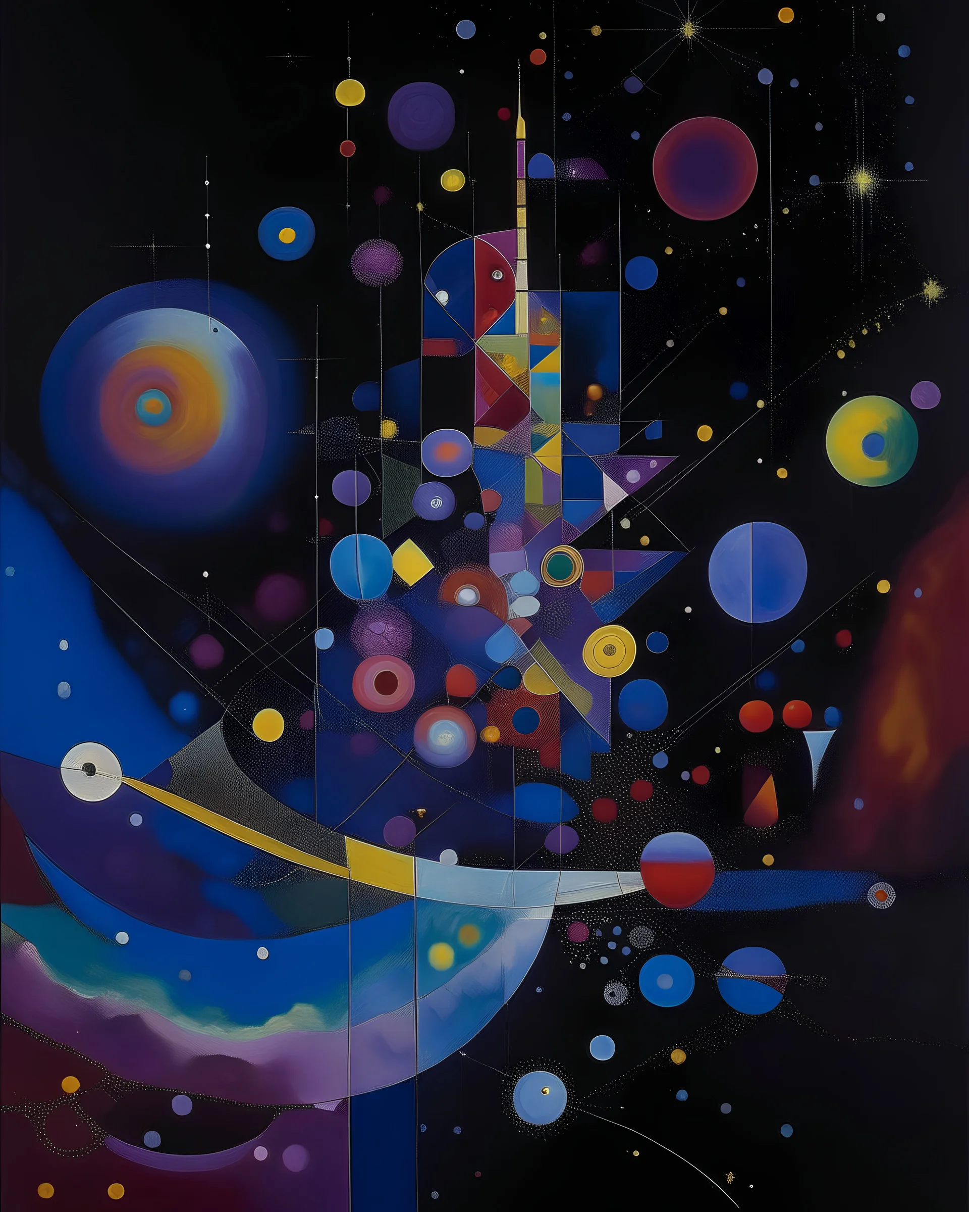 A violet space station in a galaxy filled with planets painted by Wassily Kandinsky