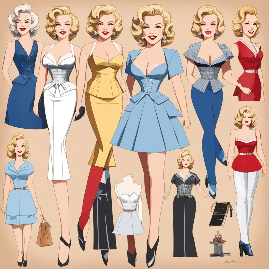 a paper doll of Marilyn with different outfits corresponding to her main movies