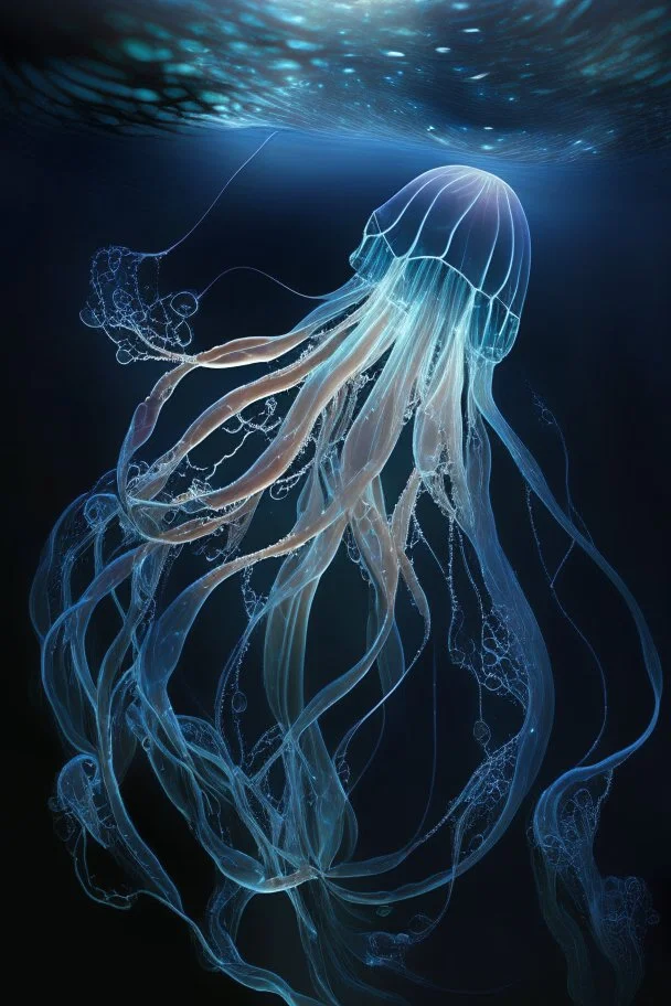 Beautiful sea freedom, weightless swimming, bioluminescent sea, squid tentacles, transparent skin