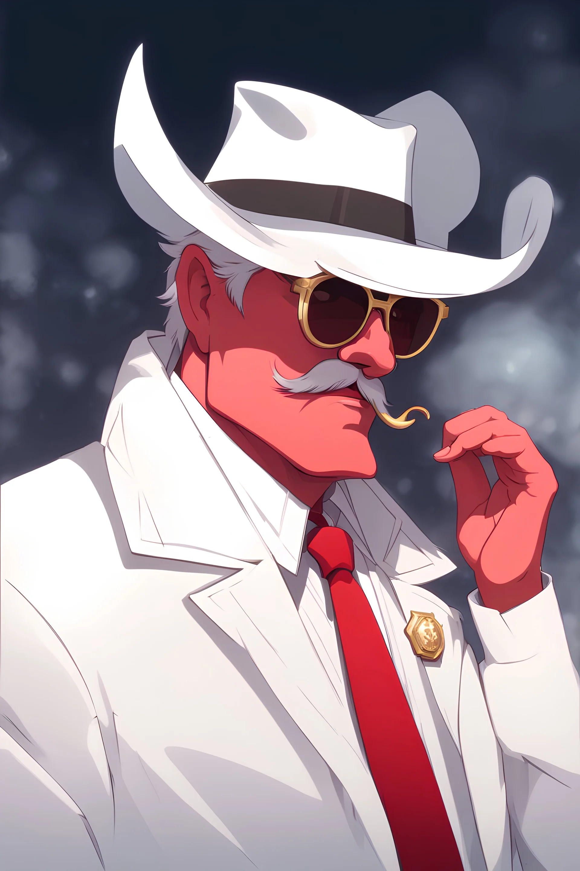 An old male crimson red demon wearing a white and gold police comisioner outfit, he is also wearing glasses, he has a white scruffy mustache, and a small black fedora.