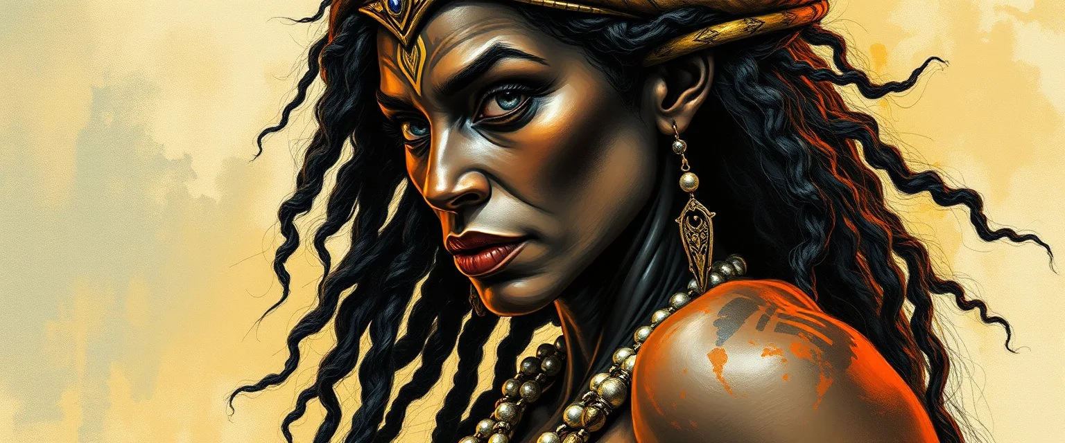 full body dhalsim gandalf as dark brazilian woman , airbrush and pen outline