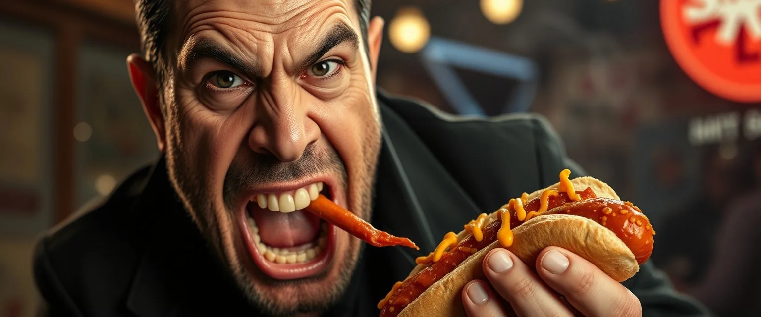 mean looking mafia thug eating a hot dog