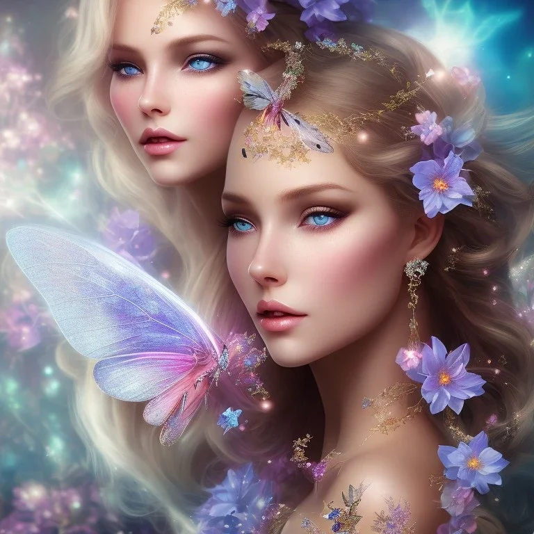 bright fairy, unic beautiful portrait, blond hair,blue eyes, flowery luminous pastel colors, butterfly