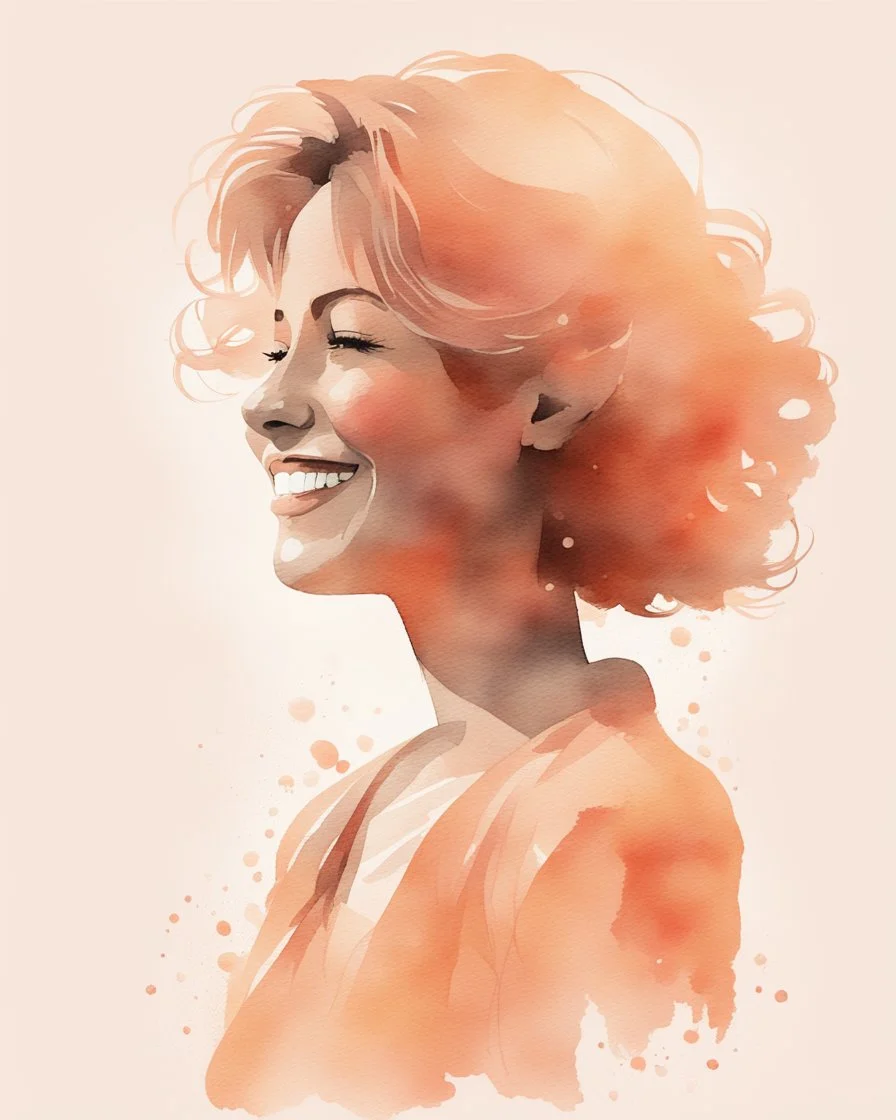 grown-up woman smiling silhouette and hair light peach colors watercolor draw