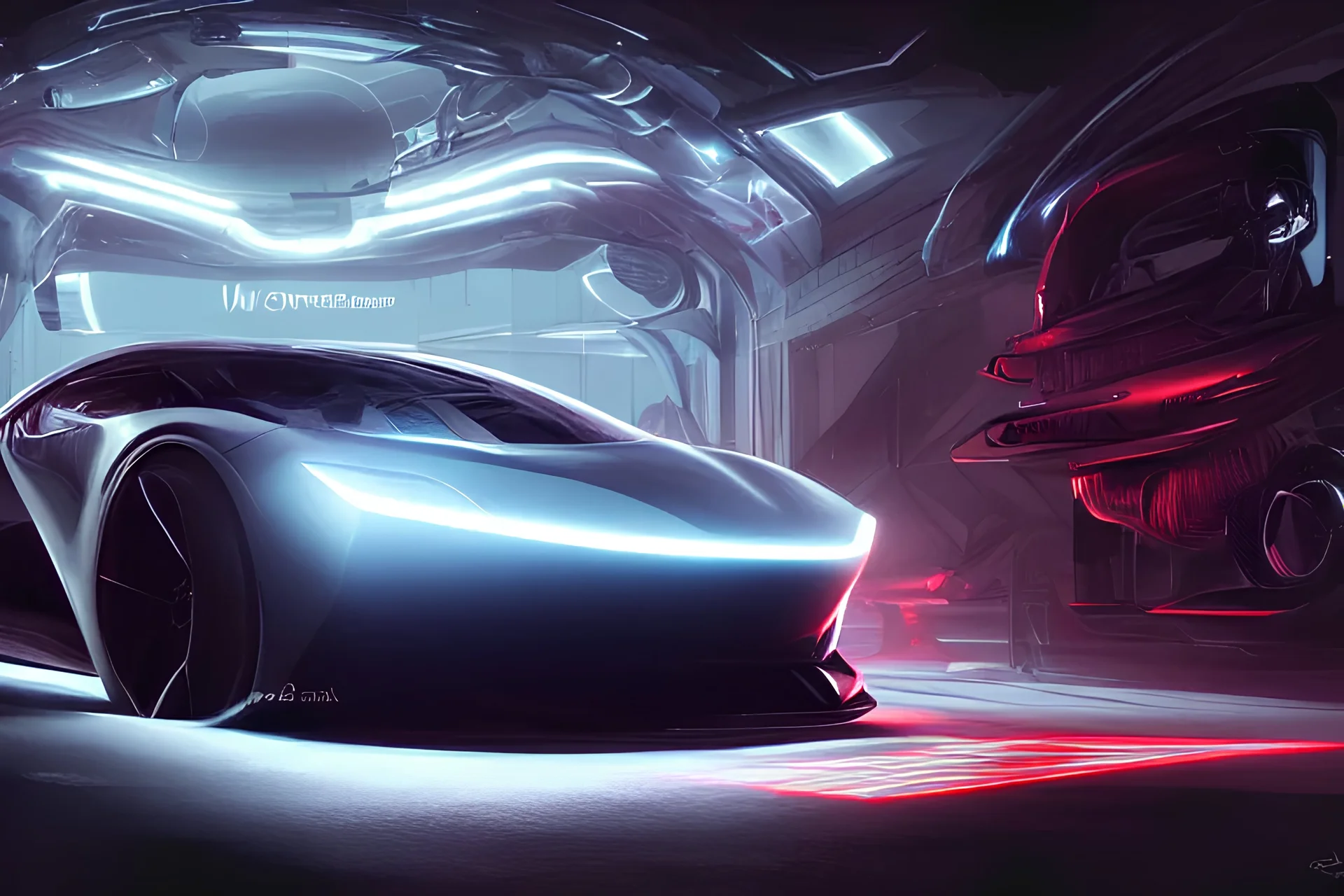 detailed intricate digital illustration by greg rutkowski and artgerm and wlop ; 2 0 2 4 concept car electric vehicle, sharp, smooth, closeup view ; bright, glowing, led headlights and sleek design ; sharp focus, depth of field, car rig shot from the batman