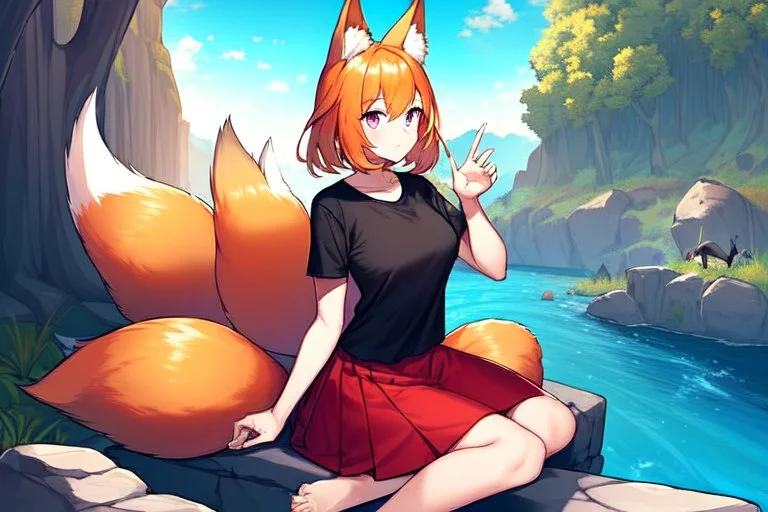 Girl, fox ears, one big fox tail, orange hair, red skirt, river, fox foot , sit on the shore, purple fox eyes, black T-shirt, fox hand