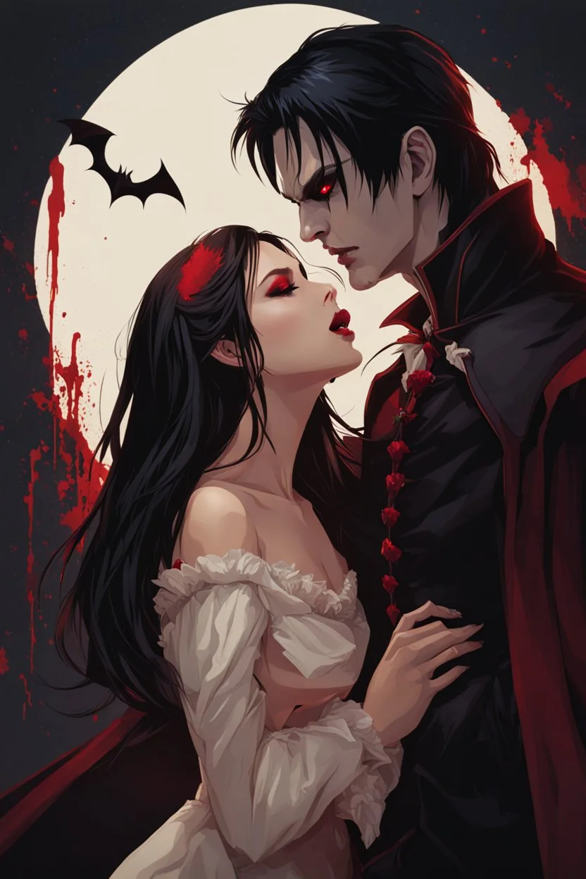 male vampire biting the neck of a young woman