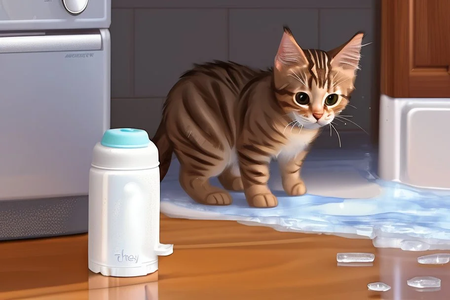 Cute tabby kitten sniffing ice water spilling from a thermos in a kitchen in the sunshine. Ice cubes and snowflakes.