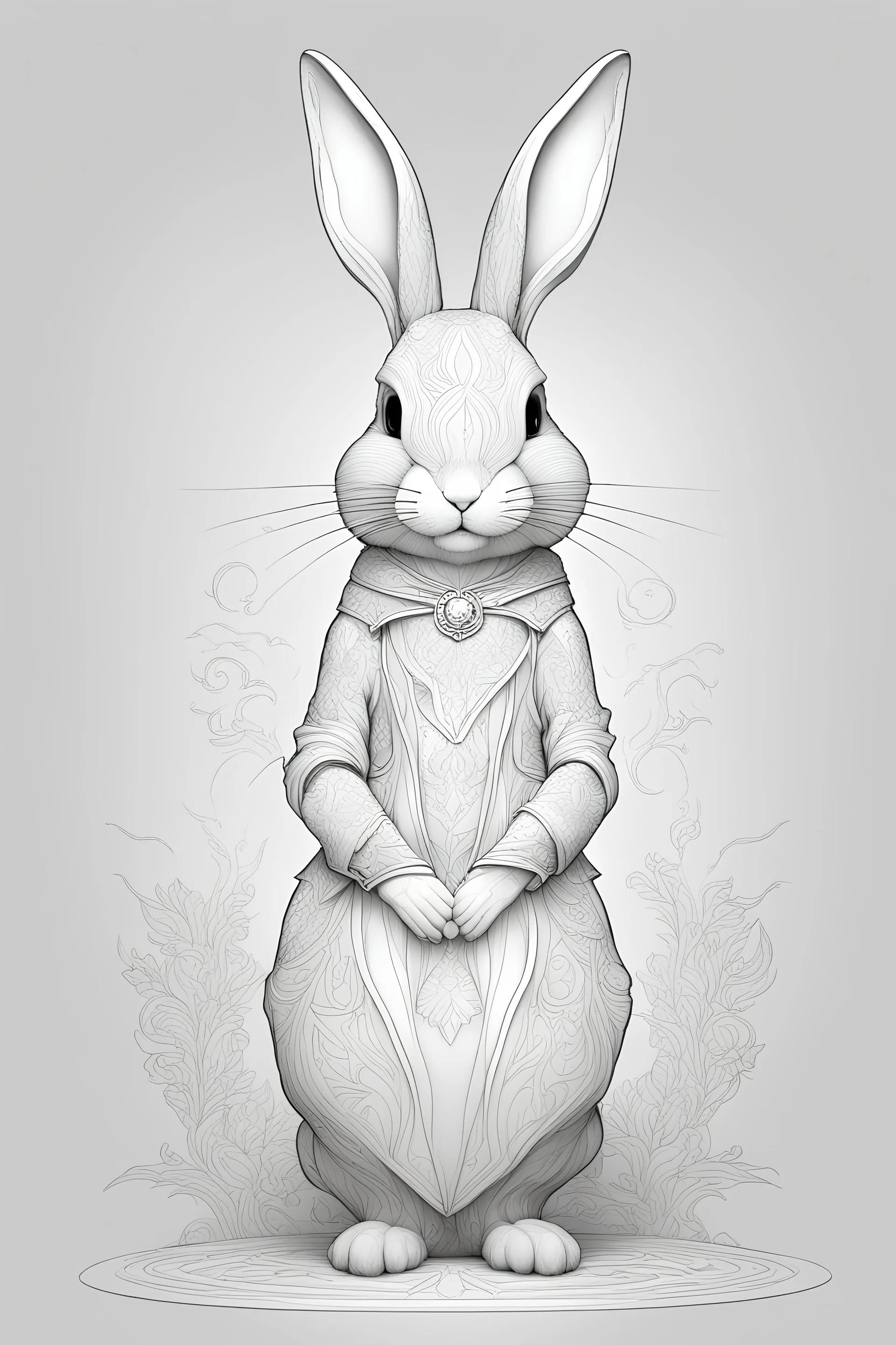 outline art rabbit, cinematic lighting, high resolution 3D render art coloring pages with witch, white background, Sketch style, full body, use outline, Mandala style, clean line art, white background, no shadows and clear and well