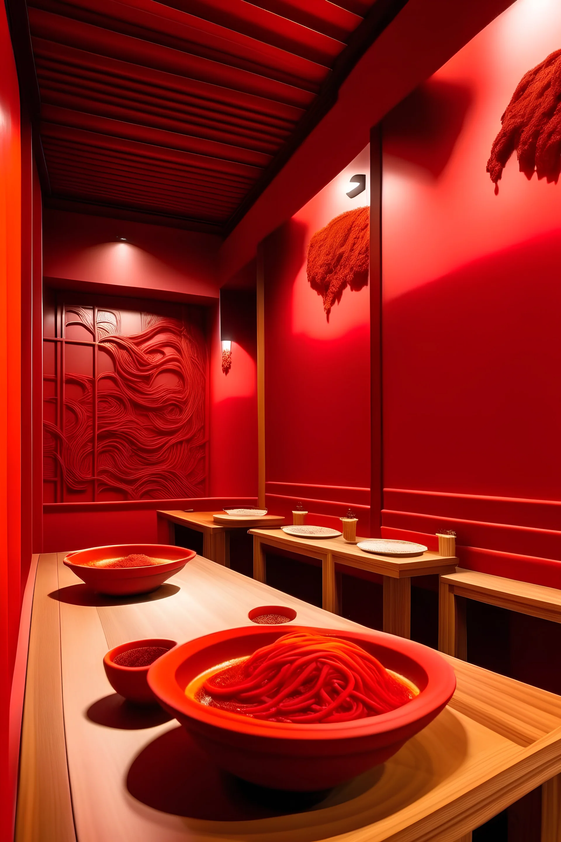 A cherry red color Japanese restaurant with fiery spicy noodles designed in ancient Greek pottery