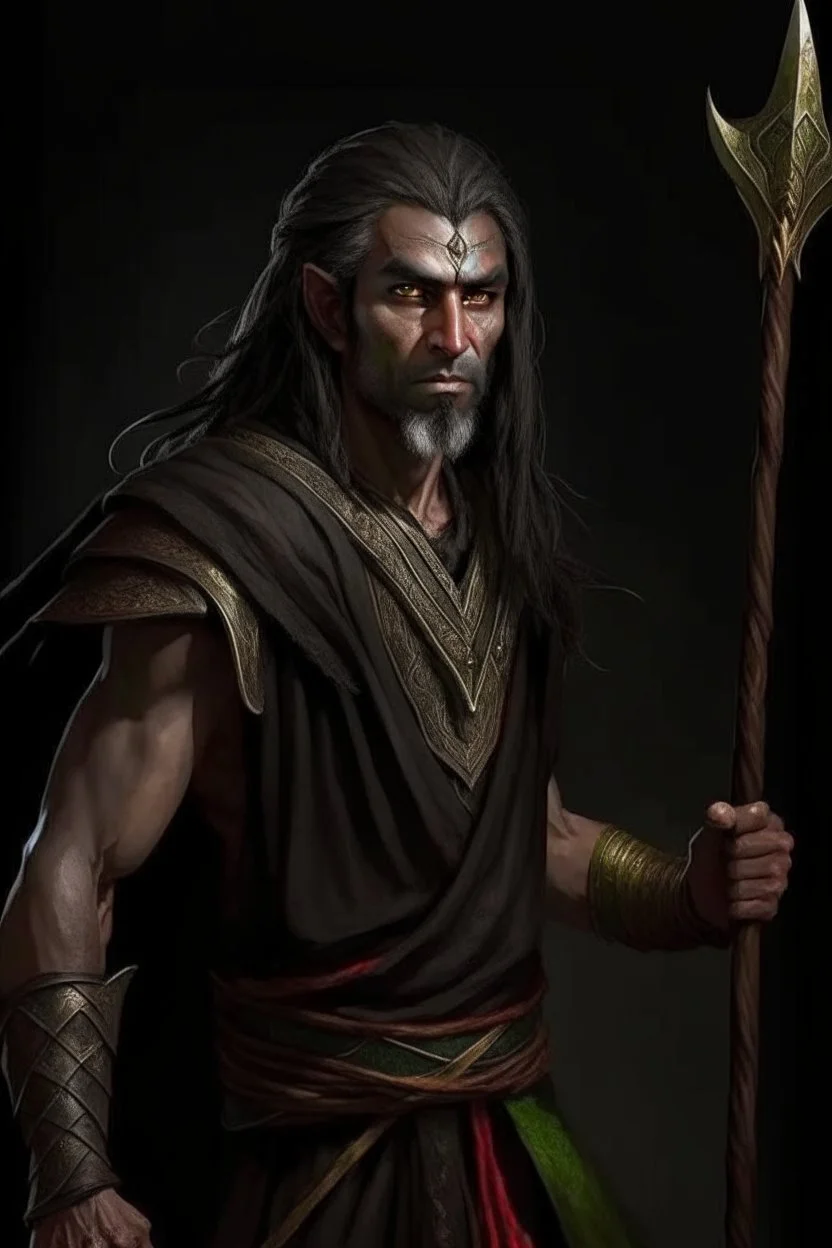 full length, mantia, black with, holding a spear in his hand