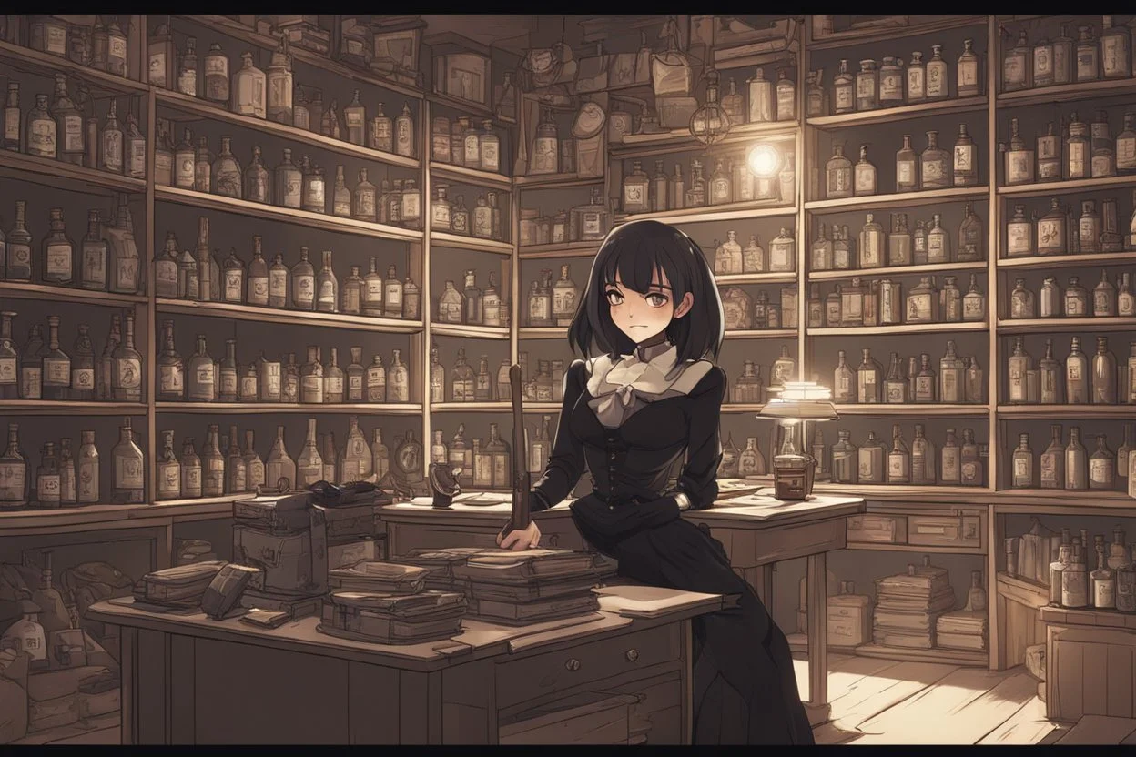 full-height shot of a young witch in a tight black short skirt, inside a large magic shop, sitting at a desk, shelving, bottles, windows