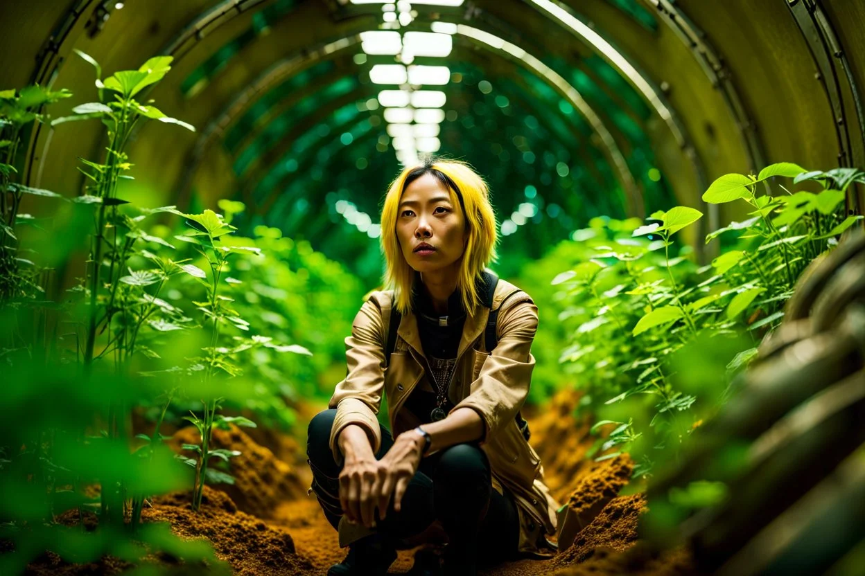 Unground solar punk tunnels, cinematic, extreme dof, dystopian, sci-fi, award-winning, Yui working hard in a garden, National Geographic, breath taking, oxygen farm but outside is a desert, fantasy, magical, geometry