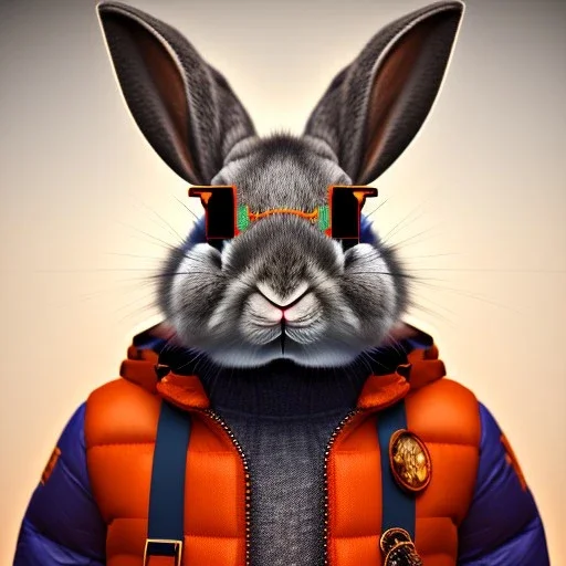 Rabbit toddler, smile, steampunk headphone, sunglass, gangsta neckless, full body, orange puffer jacket, manila background, dramatic lighting, hyper realistic, unreal engine 5, 16k