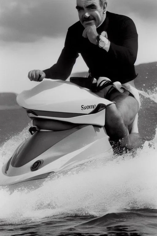 Photo of Sean Connery in a kilt riding a jet ski