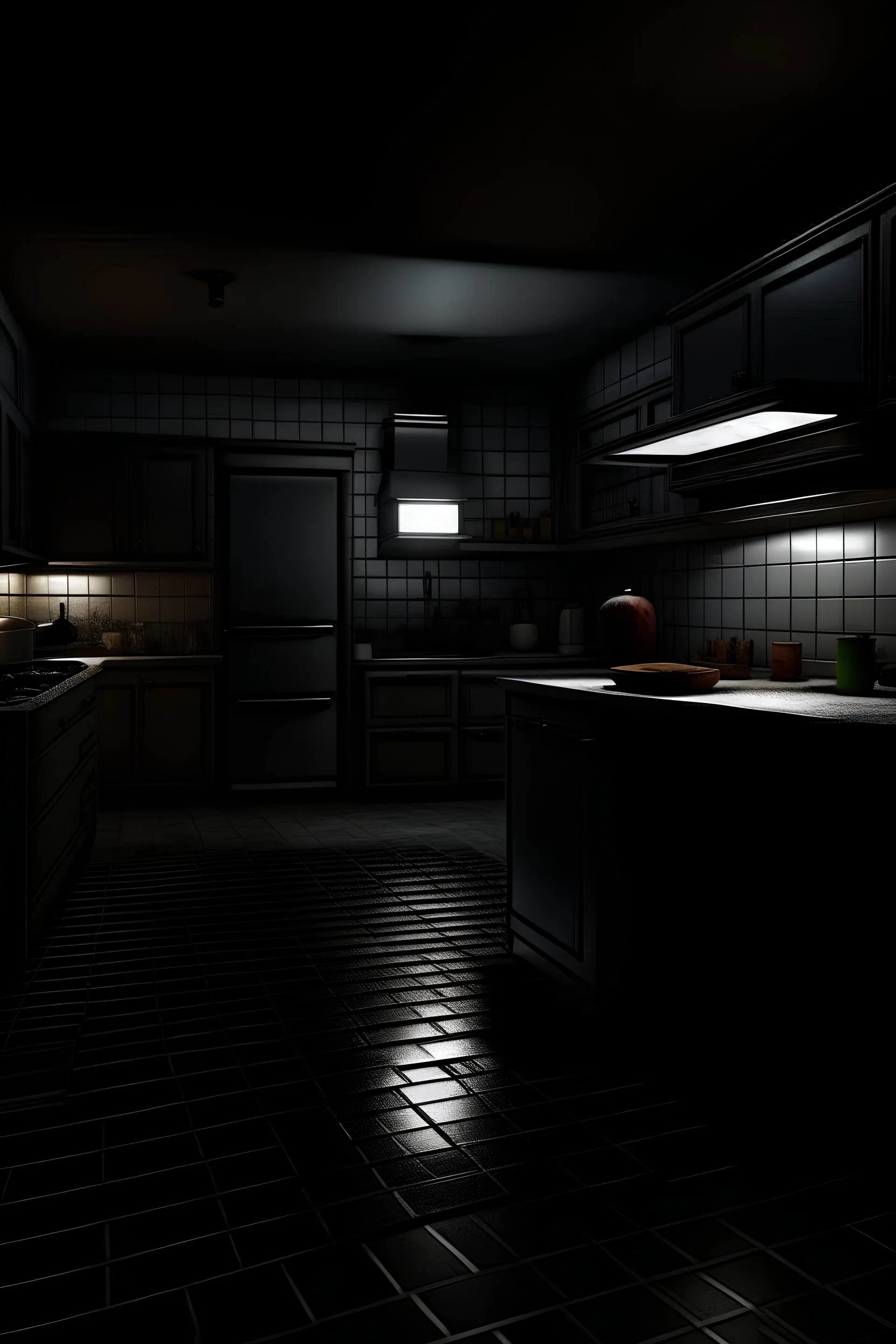 a dark scary quiet kitchen with no windows and a flickering light
