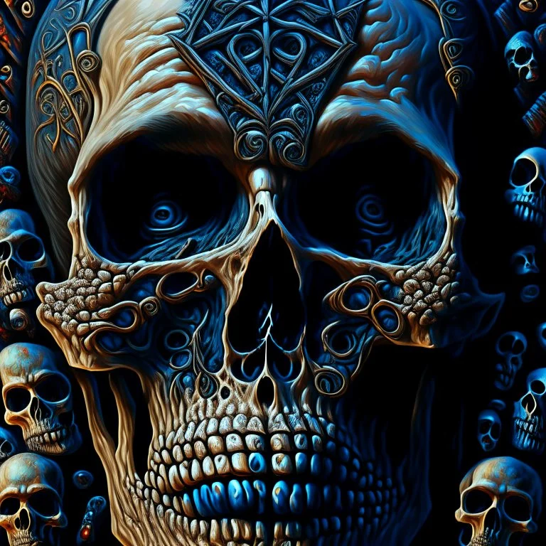 a close up of a person's face with a sign and a lot of skulls, detailed 3d gothic oil painting, 4k highly detailed digital art, detailed cover artwork, surrealistic digital artwork, by Johfra Bosschart, abstract occult epic composition, neosurrealism. digital art, horror surreal art, 4k detailed digital art, horror fantasy art, surreal dark art