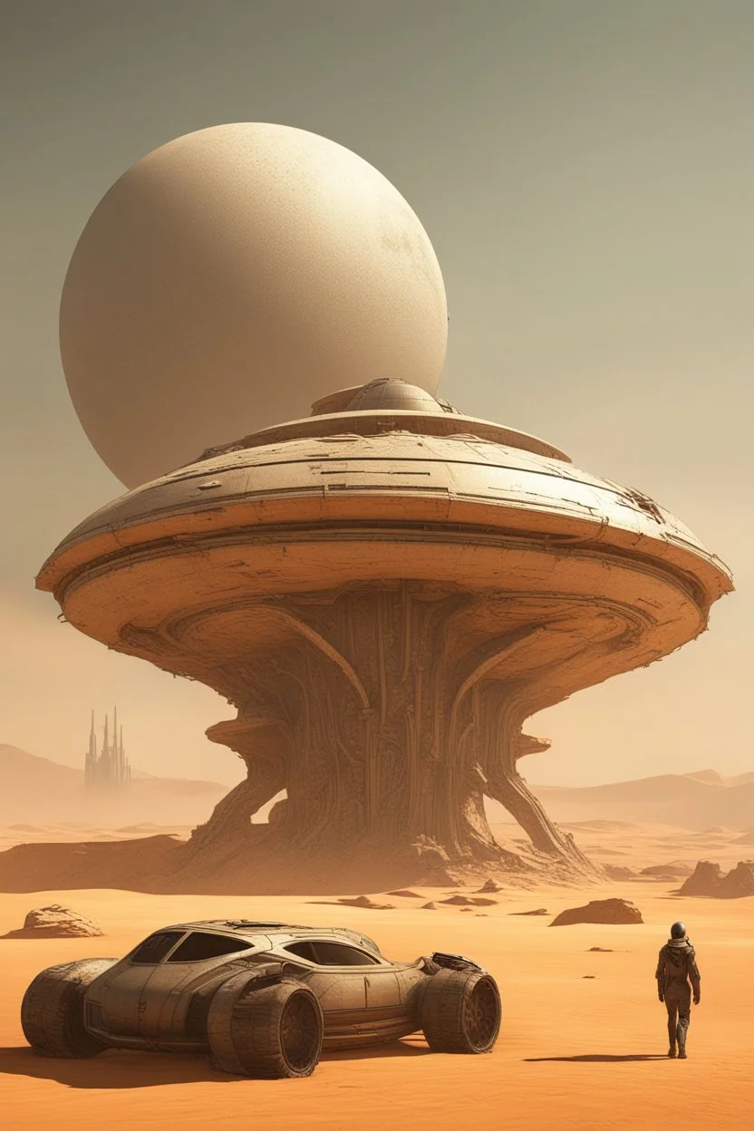 A sleek Spaceship landing in a ruined alien desert city