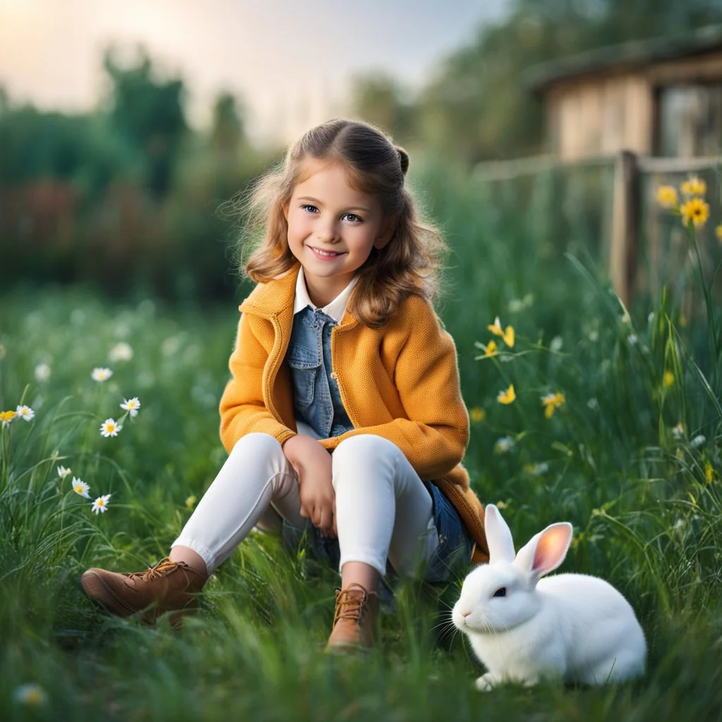 very beautiful realistic10 years old girl with a Rabbit