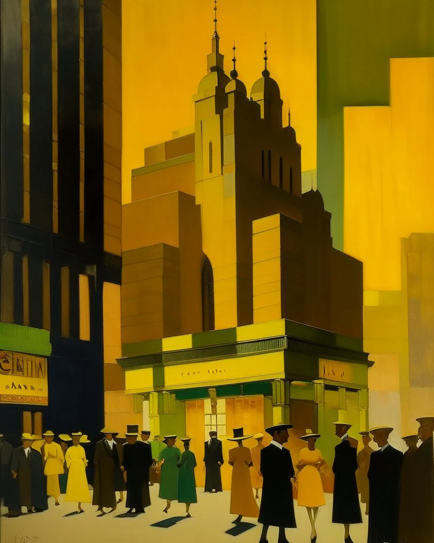 A golden yellow shining casino painted by Lyonel Charles Feininger