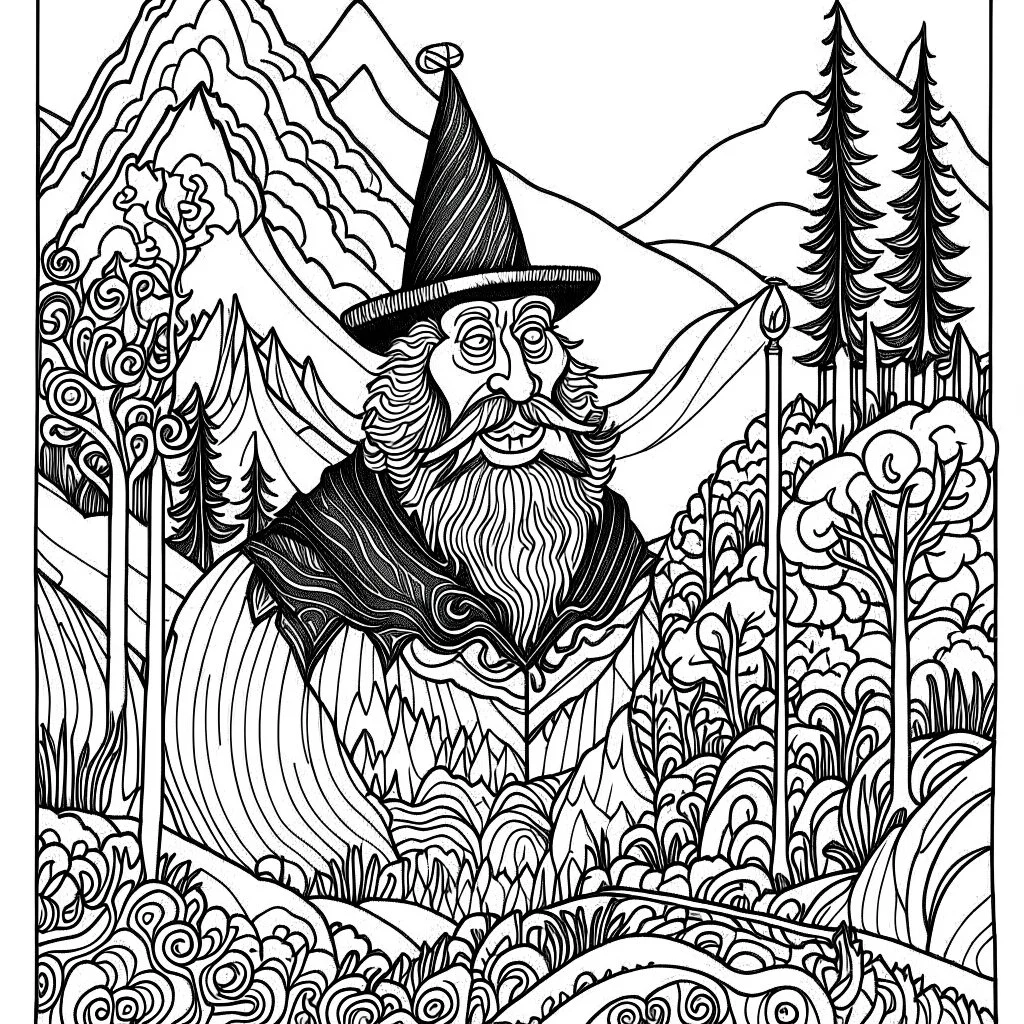 Outline art for coloring page with a cute mountain landscape white background, sketch style, only use outline, clean line art, white background, no shadows, clear outline reprezentand o imagine pe tema halucinatiilor provocate de droguri , cu culori primare tari, fantezie de înaltă definiție calitate clară, stiluri de Utagawa Hiroshige, Paul Klee Dee Nickerson și Tim Burton, acuarelă topită și contururi de cerneală neagră pe hârtie umedă, linii moi, umbrite