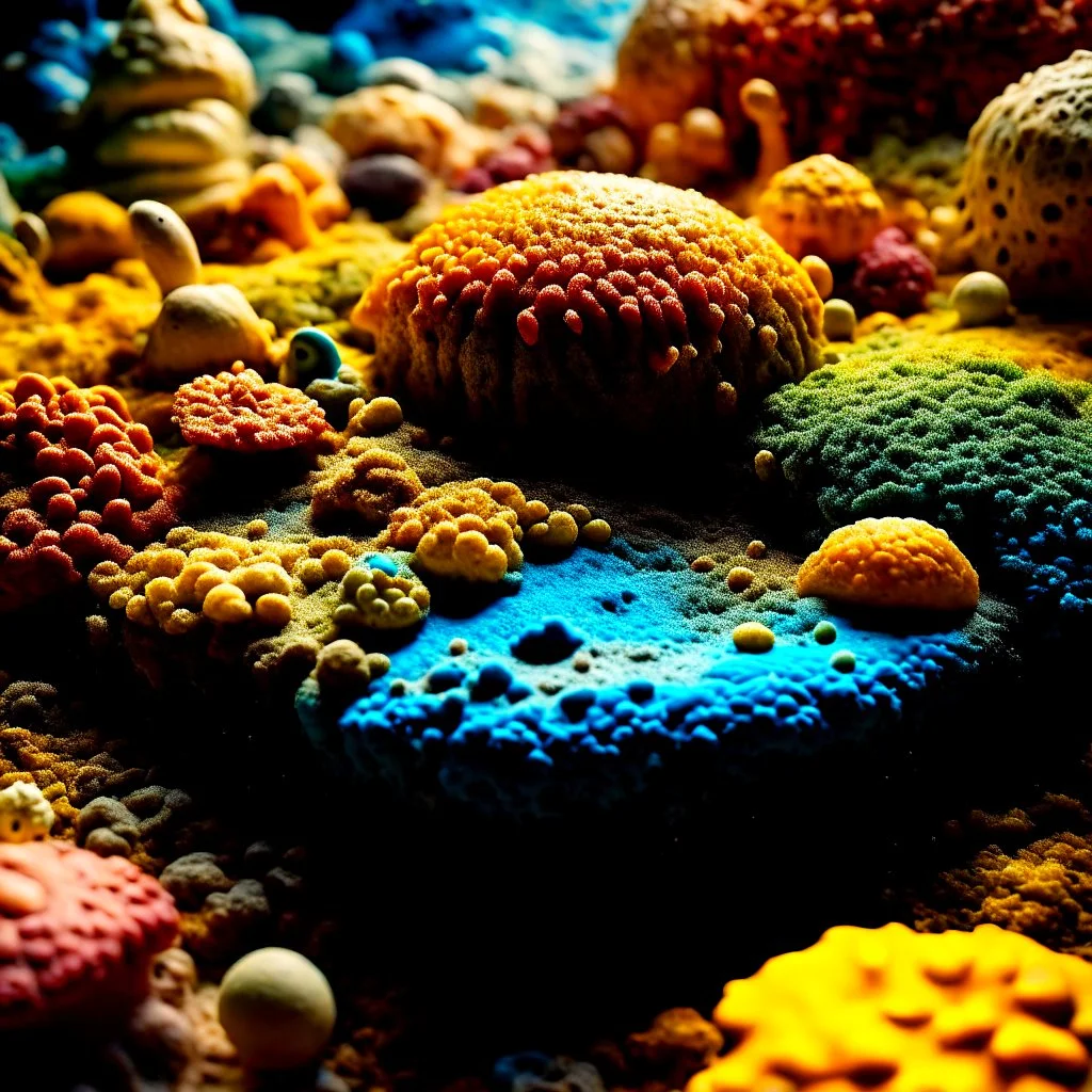 Close-up photograph of detailed creepy landscape made of cake-frosting and felt, crystallizations, hyperdetailed human figure, animals, plats, fungi, crystals, mineral concretions, sun, Amano, Roger Dean, strong texture, Ernst Haekel, extreme detail, intricate, colours, Max Ernst, Sam Raimi, rich moody colors, sparkles, octane render, bokeh, 33mm photography