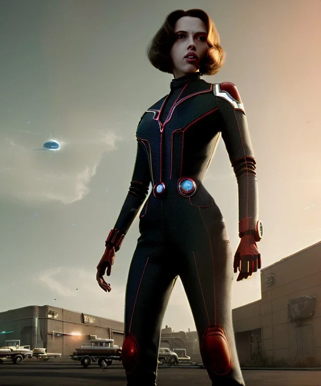 retro sci-fi portrait image from 1960, supermarket parking explosion, fire, classic black widow, young Scarlett Johansson, tight lycra suit, soft color, highly detailed, unreal engine 5, ray tracing, RTX, lumen lighting, ultra detail, volumetric lighting, 3d, finely drawn, high definition, high resolution.