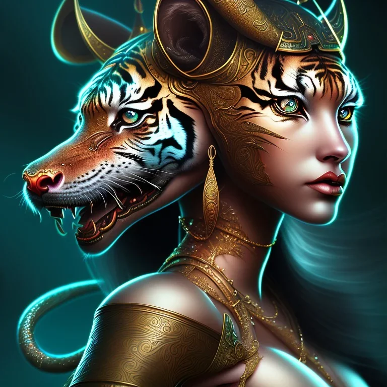 sango fantasy, fantasy magic, intricate, sharp focus, illustration, highly detailed, digital painting, concept art, matte, masterpiece snake head sexy lady body black African beauty tiger in background