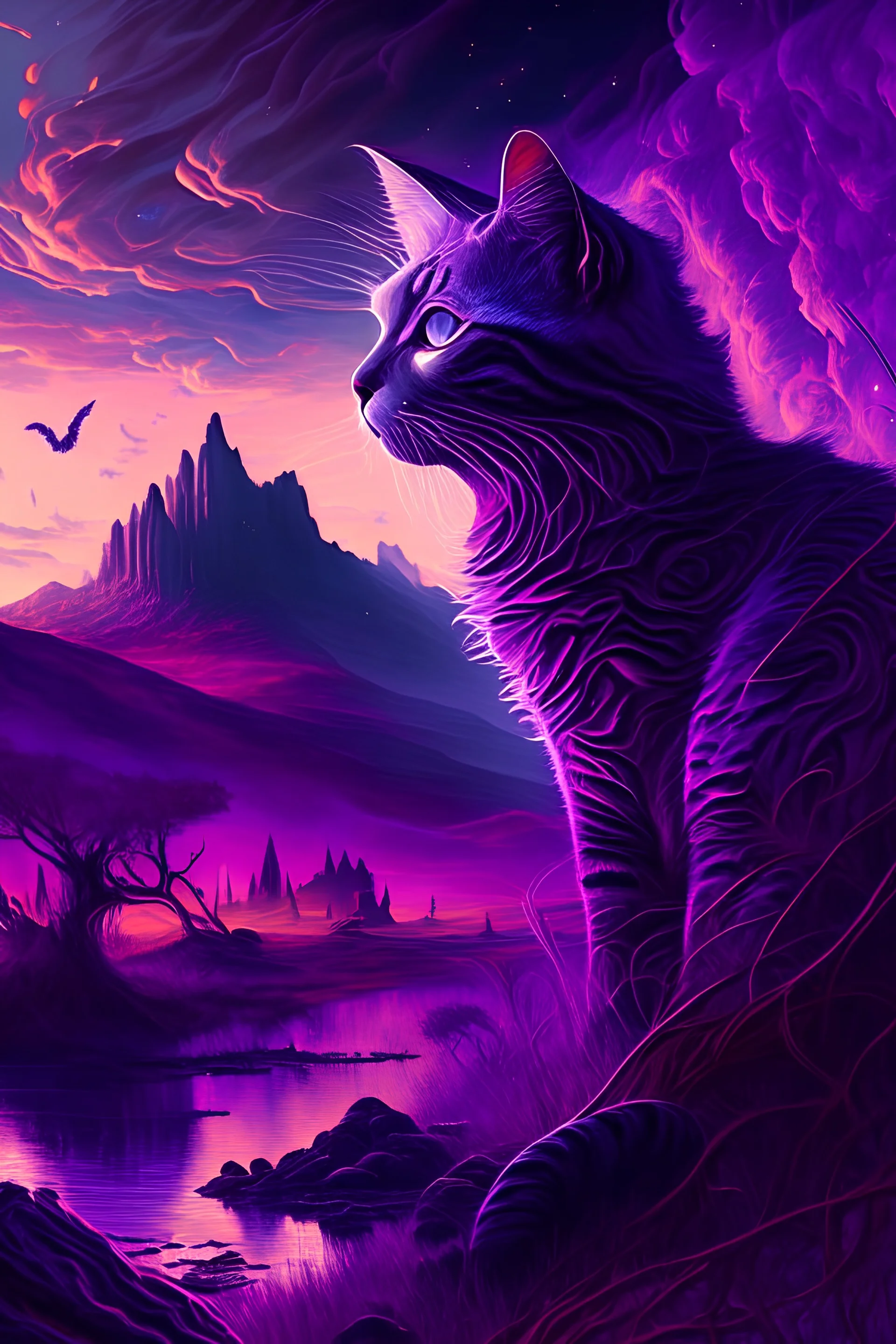 majestic cat, psychedelic, violet tones, fantasy landscape