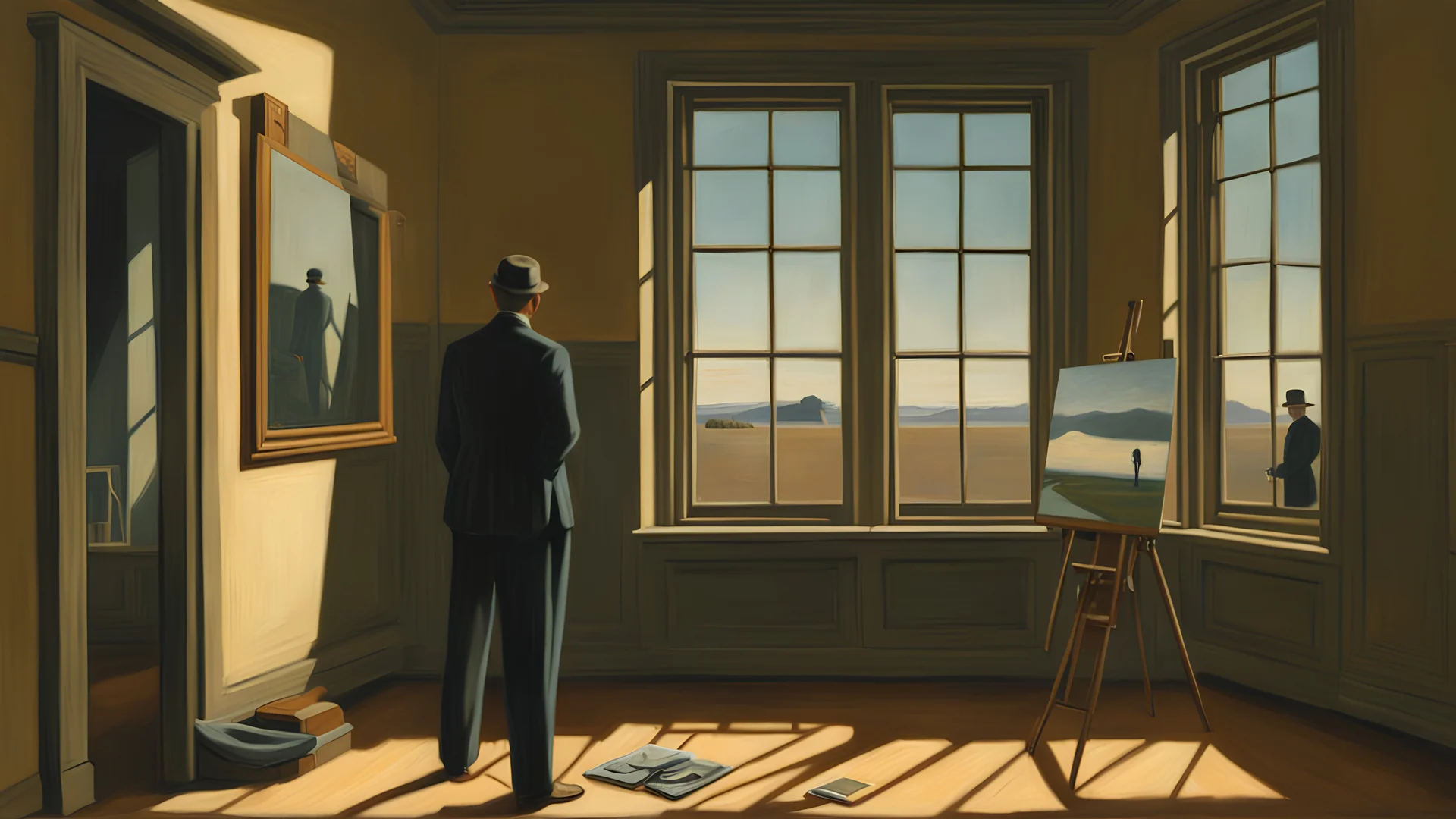 A painter in a bare room with one window, on his easel is a a painting of exactly what is seen in the window, by Magritte and Hopper