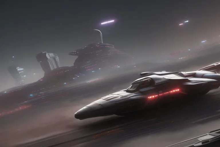 Futuristic formula spacecraft, racing fast on track circuit, cyberpunk style, fog