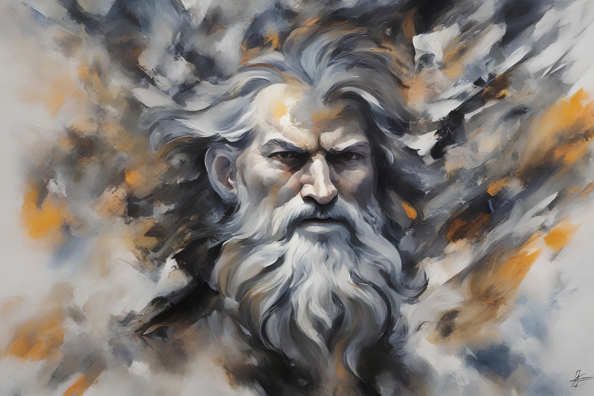 An abstract and enigmatic portrayal of Zeus, the king of the gods, using bold strokes and dynamic shapes to capture the essence of divine power, (abstract and enigmatic portrayal:1.4), (Zeus, king of the gods:1.5), (bold strokes and dynamic shapes:1.3), (expressive and divine ambiance:1.2), inspired by abstract interpretations of classical mythology and the divine, trending on CGSociety, Intricate, Sharp focus, dynamic lighting, (captivating:1.4), (godly ambiance:1.5), (abstract essence:1.3)