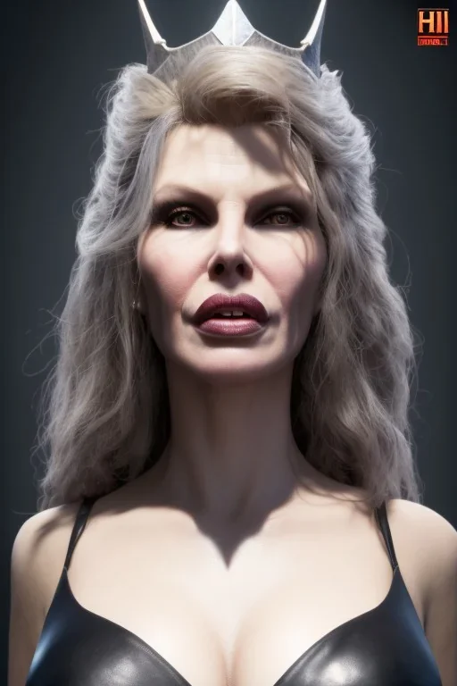 Kim Basinger as evil queen in black leather, busty, cleavage, curvy, angry, happy, stern look. character design by cory loftis, fenghua zhong, ryohei hase, ismail inceoglu and ruan jia. unreal engine 5, artistic lighting, highly detailed, photorealistic, fantasy