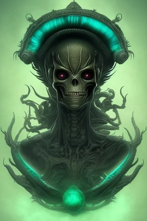 green alien, head, evil, black eyes, weapons, blood, 8k, finely detailed, photo realistic, HR Giger style turquoise skull head gold dragon Mexican alien moon skeleton sombrero hat Black background