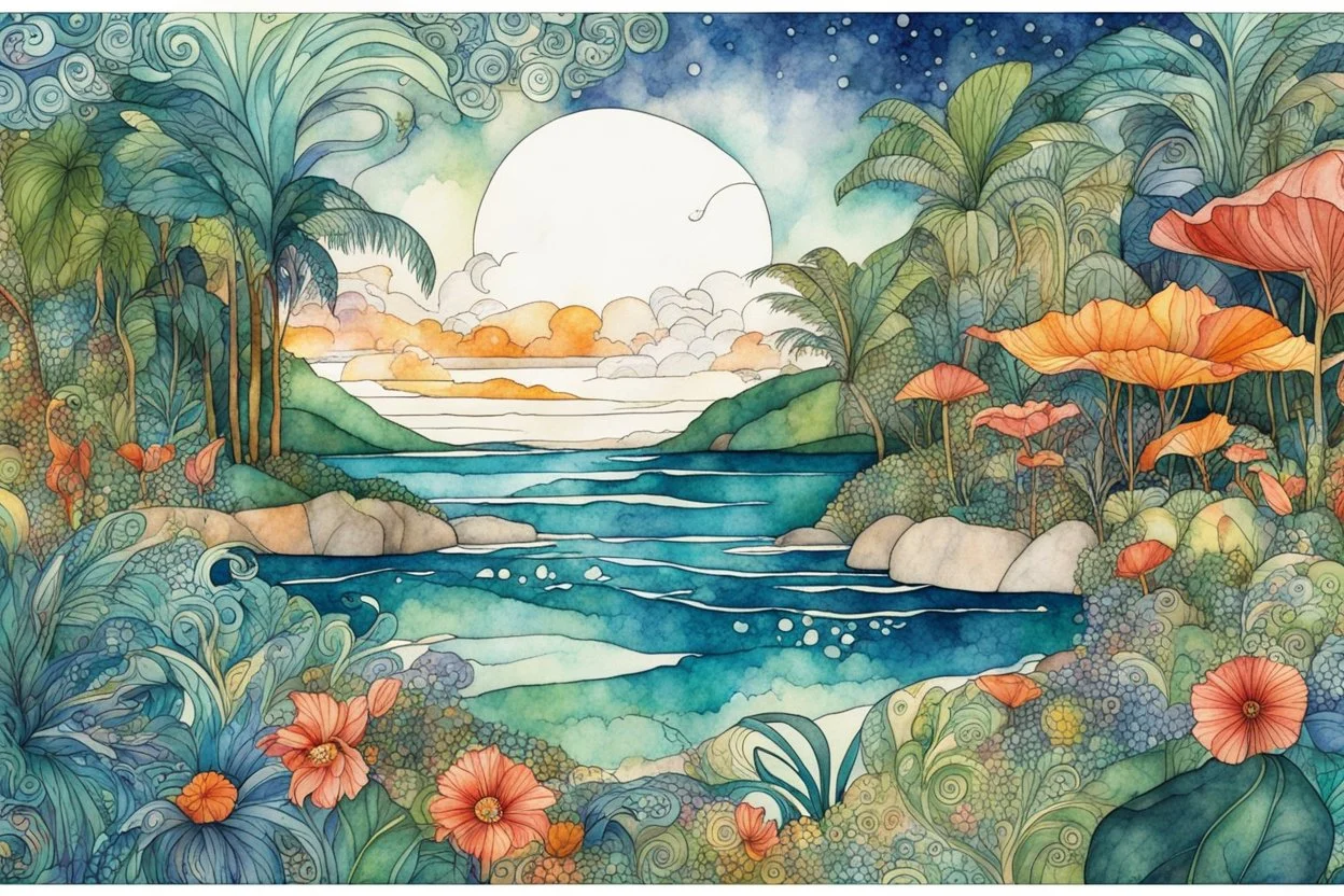 random watercolor Zentangle patterns in the styles of Gustav Klimt ,Wassily Kandinsky, Alphonse Mucha, and Kay Nielsen that depicts an idyllic tropical lagoon, with fine ink outlining