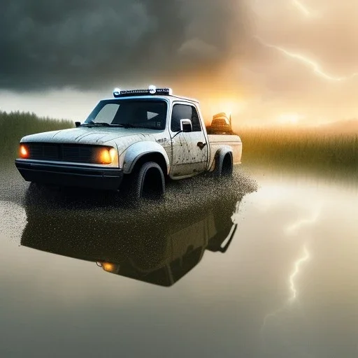 hyperrealistic shot, off-road truck, speeding, earth color palette, sharp focus, puddle reflection, tire water splash, refraction, rain and lightning on the horizon, shadowcast, detailed and intricate, cinematic composition, tilt shift photography