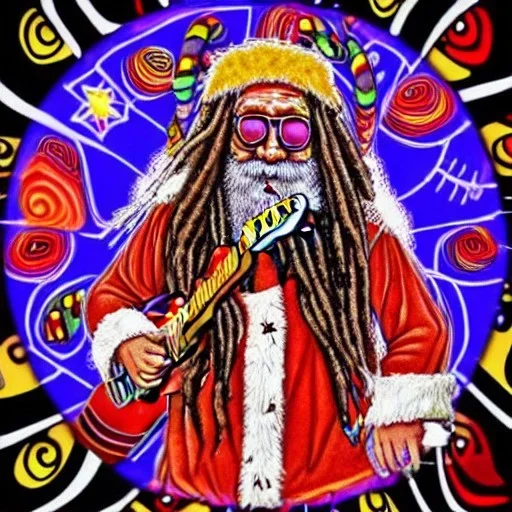 hippie Santa playing electric guitar psychedelic peace sign, MUSHROOMS, TRIPPY, ACID, LSD, dreadlocks