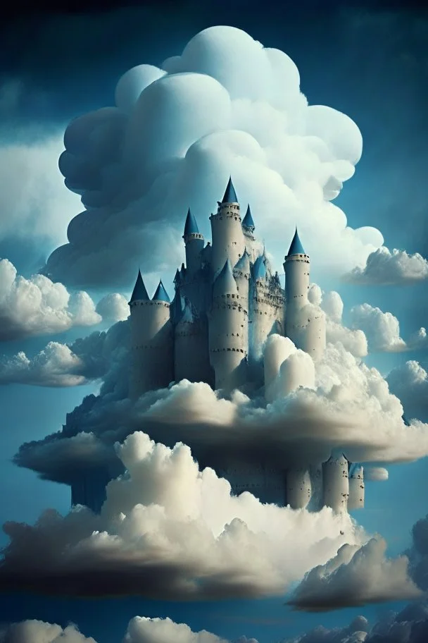 Enormous castle completely made up of clouds in the sky, ominously looming directly above. In the art style of surrealism