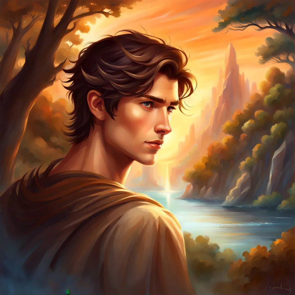 ethereal fantasy concept art of {"young man", "dark brown hair", "brown hair"} . magnificent, celestial, ethereal, painterly, epic, majestic, magical, fantasy art, cover art, dreamy