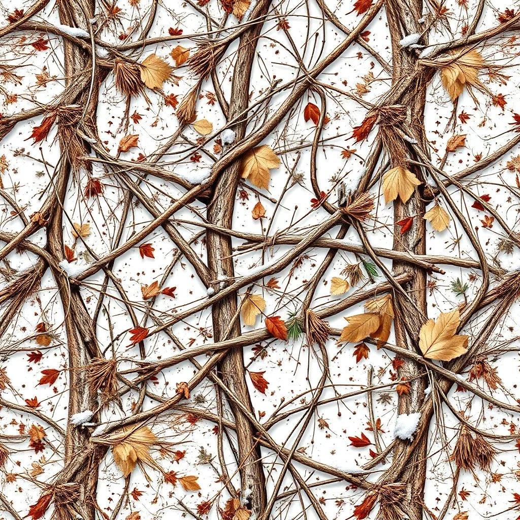 detailed Real Tree Camouflage made of sticks, twigs, dried leaves, pine branches, snow and dirt, white background, seamless repeatable texture pattern imitating a natural forest background