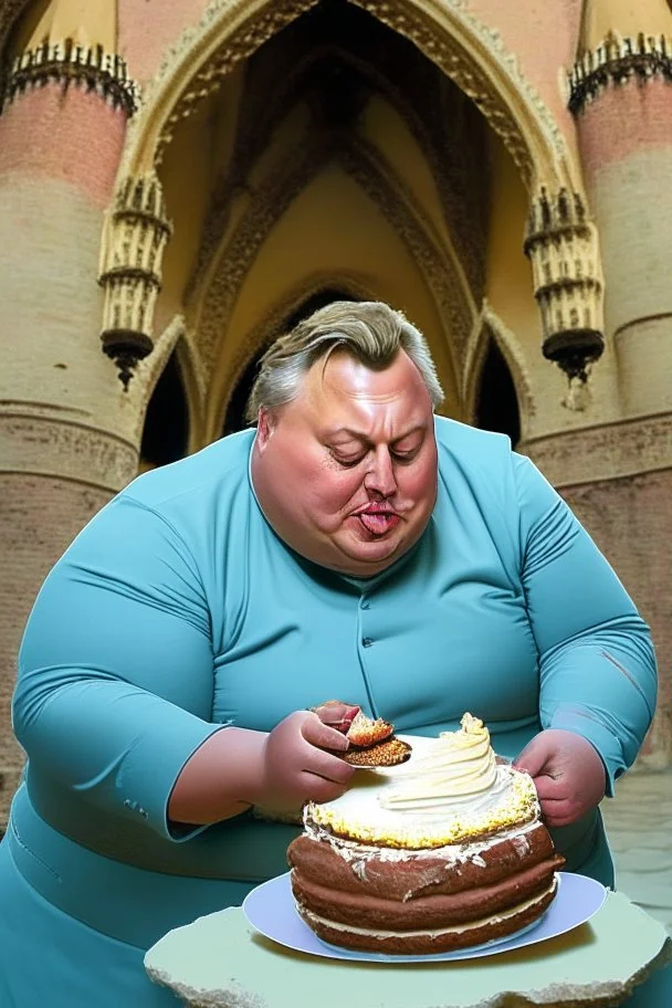 fat viktor orban eating cake in a castle