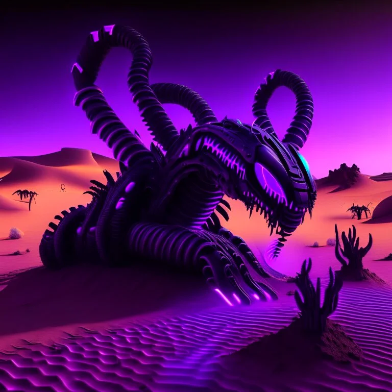 neon black and purple large and long worm-like robot with a 3D hexagon for a head in a dark monochrome desert